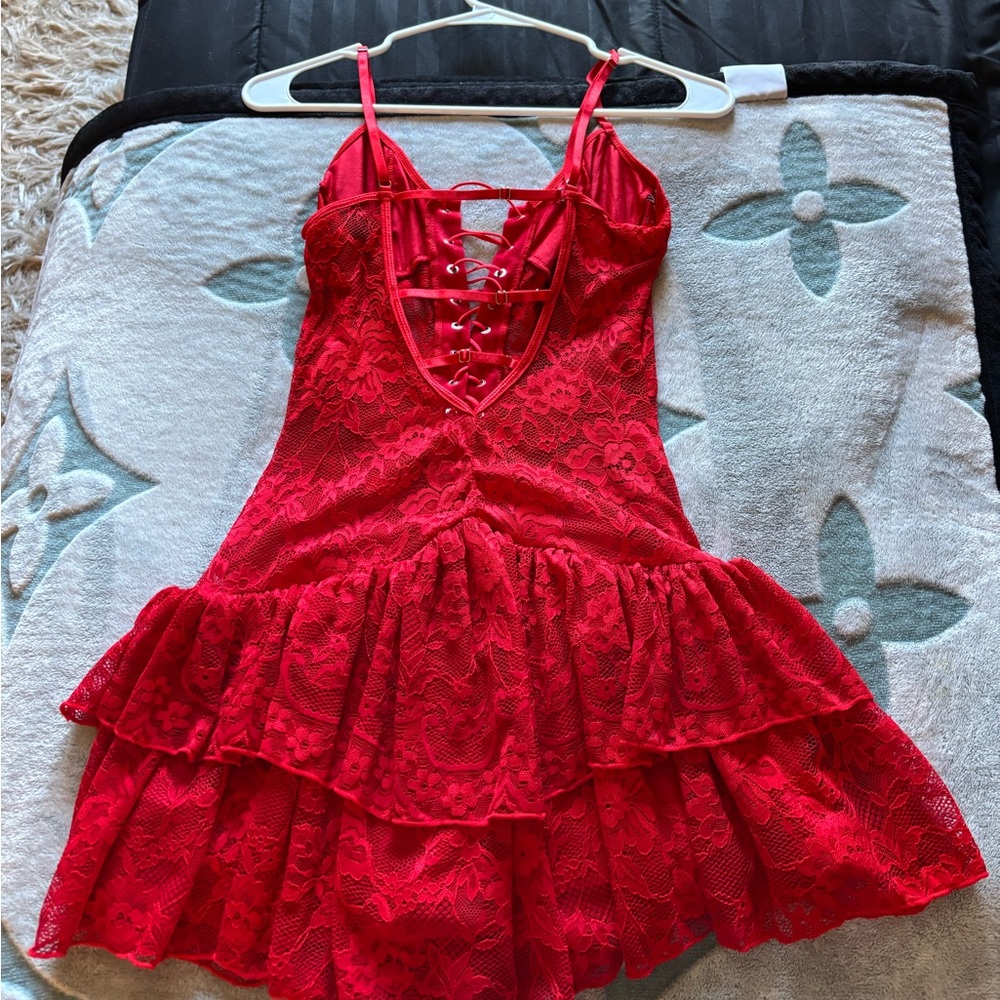 Red Lace-Up Ruffled Dress - Picture 2 of 3